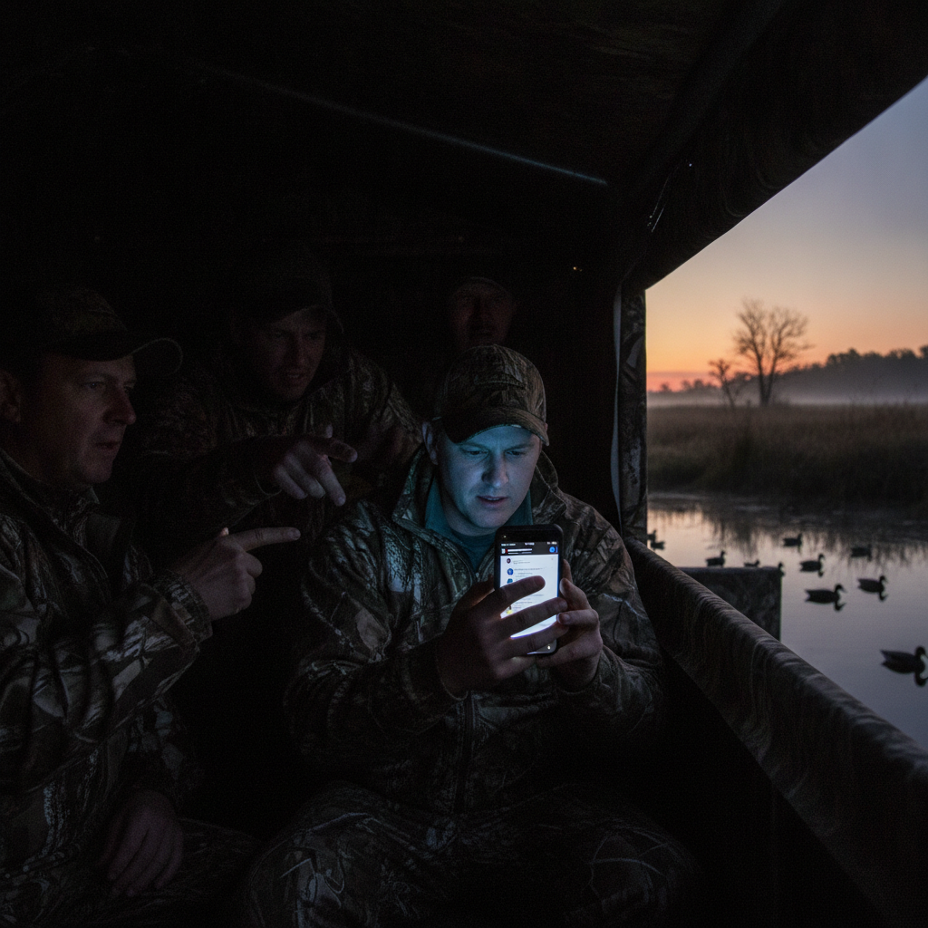 Bright cell phone screen glowing inside a dark hunting blind