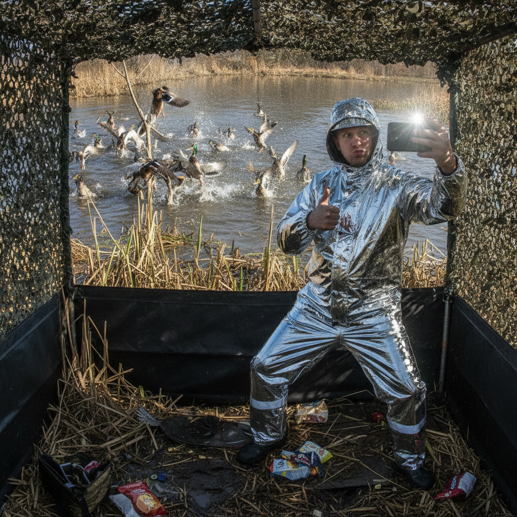 Hunter taking a selfie while wearing shiny reflective gear