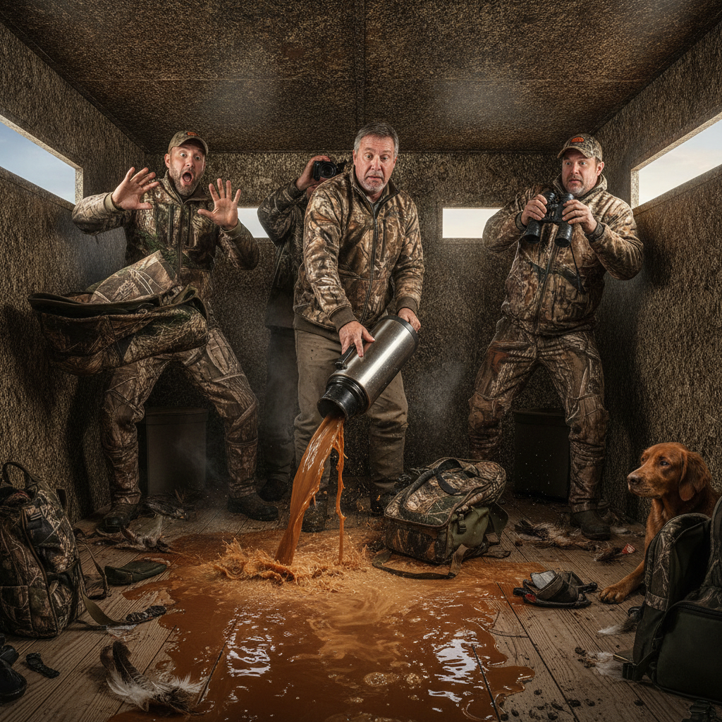 Open coffee thermos at risk of spilling in a crowded hunting blind